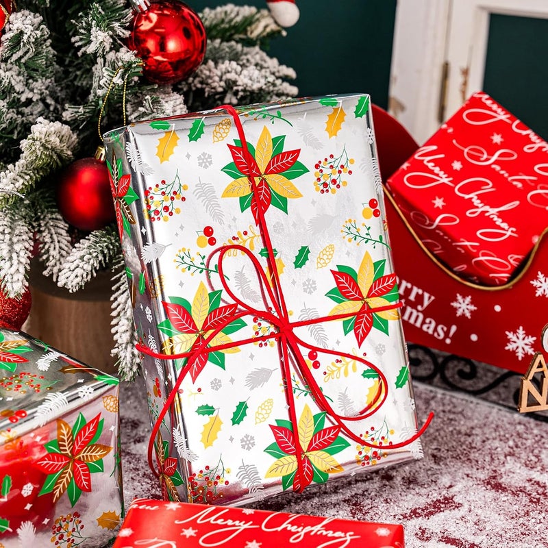 Yarcony Floral Christmas Wrapping Paper Rolls, Silver Christmas Wrapping Paper, Metllic Foil Poinsettias, Holly Berries, Winter Greens Pattern Holiday Gift Wrap for Celebration (17 Inch x 33 Feet) - Image 5